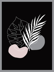Botanical wall art vector set. Line art painting with leaves with abstract shapes. Abstract plant art design for print, cover, wallpaper, minimal and natural wall art. Vector illustration.