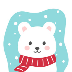 Cute cartoon Bear. Winter character in scarf. Bear in flat cartoon style. Cute winter theme card with christmas Bear. Seasonal vector illustration. 