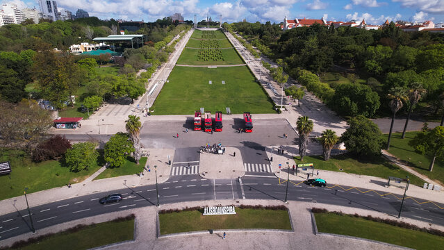 Portuguese Flag on top of the Eduardo VII Park in Lisbon, Portugal. Named after Britain's Edward VII, who visited the city in 1903 to reaffirm the Anglo-Portuguese alliance.