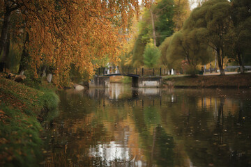 Obraz premium scenic, autumn landscape trees and forest river and lake, nature view fall background