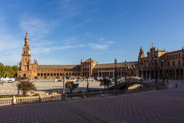 Seville, Spain, September 11, 2021: The Spanish Steps in Seville or 'Plaza de España', where the main building of the Ibero-American Exhibition of 1929 was built. The North Tower.