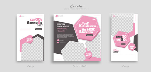 set of School education admission social media post and story web banner template. with Pink, black and white background vector illustration	
