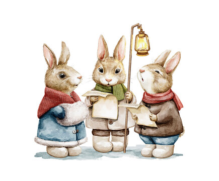 Watercolor vintage three rabbits group in clothes looks at notes, holds lantern and sings Christmas songs isolated on white background. Hand drawn illustration sketch