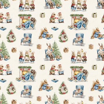 Watercolor vintage seamless pattern with many animals, gifts boxes, Christmas tree, furniture and fireplace isolated on beige paper background. Hand drawn illustration sketch