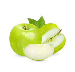 Fresh green apple with leaves isolated on transparent background. (.PNG)