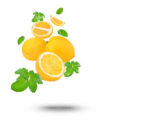 Water Splash on fresh lemon With mint isolated on transparent background (.PNG)