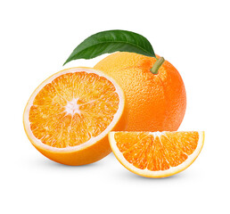 Fresh orange with leaves isolated on transparent background. (.PNG)