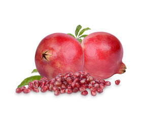 Fresh ripe pomegranate with leaves isolated on transparent background (.PNG)