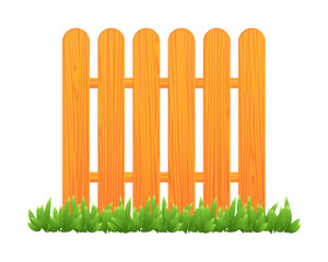 Vector illustration of wooden fence with green grass isolated on white background. Brown wooden palisade in cartoon style. Realistic yard barrier.
