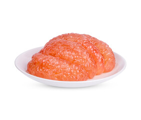 Pummelo peeled in a white plate isolated on transparent background (.PNG)