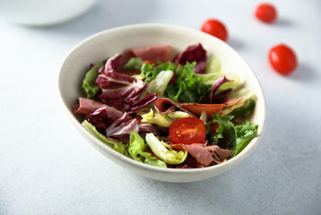 Fresh leaf salad with tomatoes and beef