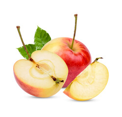 Fresh apple with leaves isolated on transparent background. (.PNG)