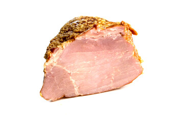 Smoked and steamed pork tenderloin on white background. Traditional sausage products.food concept