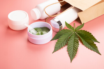 cosmetic skin care set and marijuana green leaf