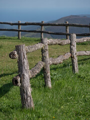 Old fence made out of wood and lush green meadow.