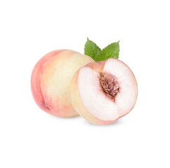 Fresh peach with leaves isolated on transparent background. (.PNG)