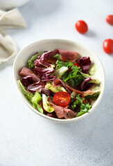 Fresh leaf salad with tomatoes and beef
