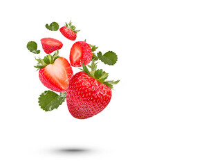 Water Splash On fresh strawberries with leaves Isolated on transparent background (.PNG)