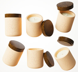 Set of six different views of beige container candle with cotton wick in concrete jar with wooden lid 3D render, luxury gift template, commercial product mock-up