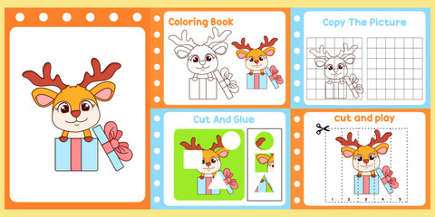 worksheets pack for kids with deer vector. children's study book