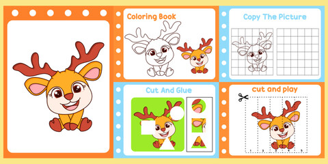 worksheets pack for kids with deer vector. children's study book