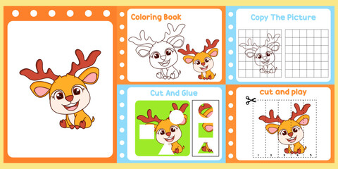 worksheets pack for kids with deer vector. children's study book