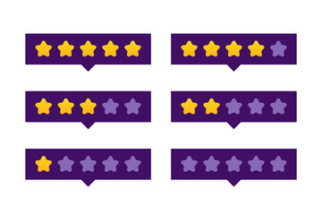 Set, collection of design elements for five star rating design. 5 stars to 1 star rating labels, icons, banners, speech bubbles.
