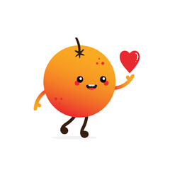 Cute cartoon style orange fruit character holding red heart in hand. 
