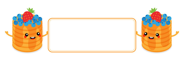 Couple of cute cartoon style pancakes characters holding in hands blank card, banner, board.
