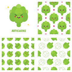 Cute cartoon style green artichoke character and set, collection of three artichoke vector seamless pattern backgrounds. 