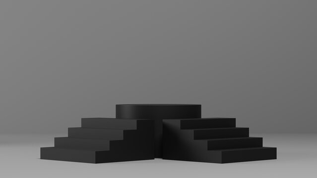 gray monochrome background with Black pedestal or podium mockup, empty platform for product showcase and presentation, 3d rendering © Cond.STD