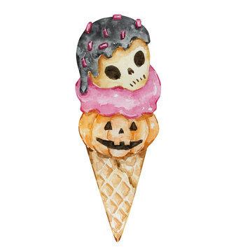 Watercolor Halloween spooky ice cream with pumpkin and skull