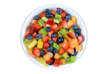 Fresh Cut Fruit Salad in White Bowl on White Background with Clipping Path