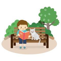 本を読む子ども　春男の子と猫