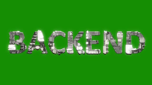 silver grey cybernetical text BACKEND with animation on chroma key screen, isolated - loop video