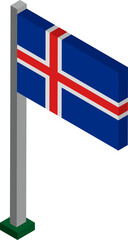 Iceland Flag on Flagpole in Isometric dimension.