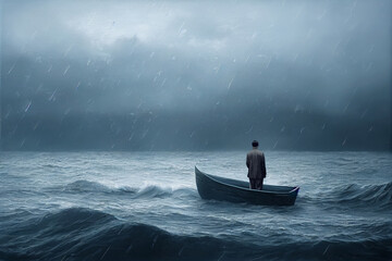 man in a boat on a stormy sea