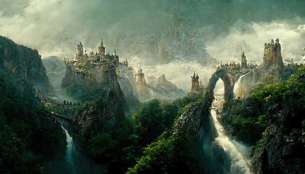 AI generated image of a fantasy Elf city in the forest with trees, plants, stone stairs, arches and waterfalls