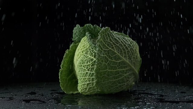 Head of Savoy cabbage falls on a wet smooth black surface. Slow motion of flying water splashes.