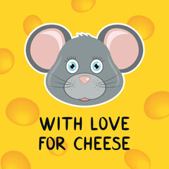Vector cartoon illustration of a mouse. Hand lettering With love for cheese. Ingredient for pizza. Gray rodent on a yellow background. Cheese Festival.