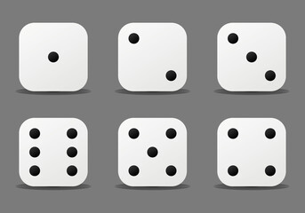 Dice sides or dice faces icon set in flat style design with shadow effect, isolated on background. Six sided dice. Vector illustration.