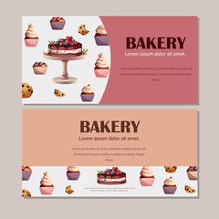 Set of templates flyers for bakeries, confectioners, posters, banners, cafe, shops. Vector illustration of two flyers with pastry on white and copy-space on pink. Isolated on neutral background.