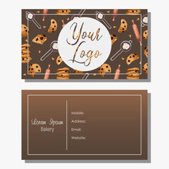 Set of templates postcards for bakeries, confectioners, cafe, shops, design, banners. Vector illustration of chocolate cookies, rolling pins, flour sieves on brown background. Two sides of one card.