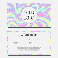 Obraz premium Set of template postcard. Vector illustration of two sides of one card. Colorful bright neon psychedelic wavy lines, white frame copy-space isolated on white. Design,promotion,business concept.