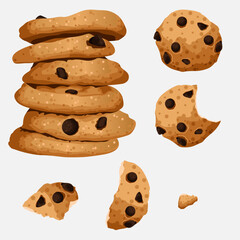 Vector illustration of chocolate cookies, stack of cookies, crumbs, pieces of cookie isolated on white background. Brown-beige colour. Bakeries, cafe, confectionery, design, elements concept.