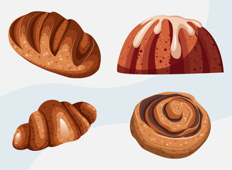 Set of elements for bakery,cafe,restaurant,confectioners,cards,design. Vector illustration of pastry like cinnabon,croissant,bread,cake,bun isolated on white blue background.