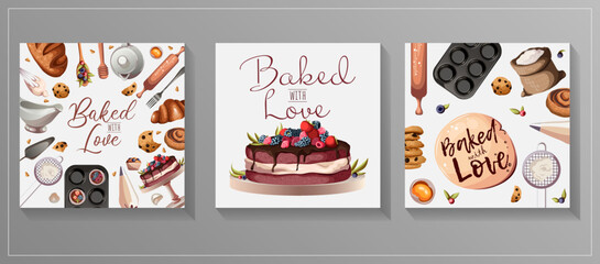 Set of templates cards for bakeries,cafe,banners,flyers,posters,confectioners. Vector illustration of three squares with different kitchenware,pastry and text on white background.Isolated on gray.