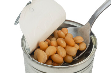 Open tin can of beans on white