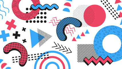 Memphis Elements. Abstract background. Desktop wallpaper. Red and blue colors.