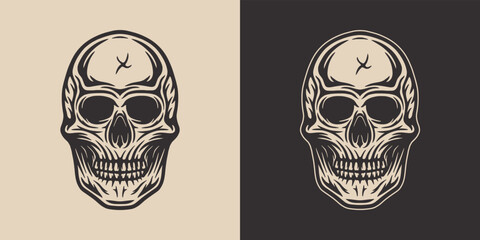 Vintage retro scary skull. Can be used like emblem, logo, badge, label. mark, poster or print. Monochrome Graphic Art. Vector. Hand drawn element in engraving